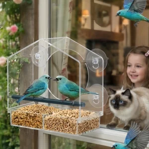Window Bird Feeder with Strong Suction Cups Clear Acrylic Feeder for Cats Bird Gift For Grandma Grandpa
