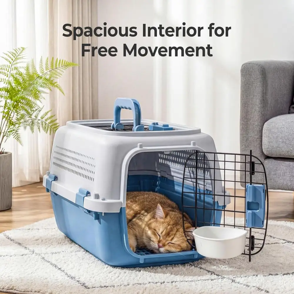 23 Ventilated Hard-Sided Pet Carrier, Plastic Travel Crate with Food Bowl, for Dogs and Cats up to 22 lbs, Blue - Image 5