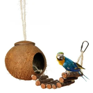 Natural Coconut Shell Bird Nest with Wooden Ladder Hanging Parrot House Cave Bed for Budgie Cockatiel Conure Cage Accessories