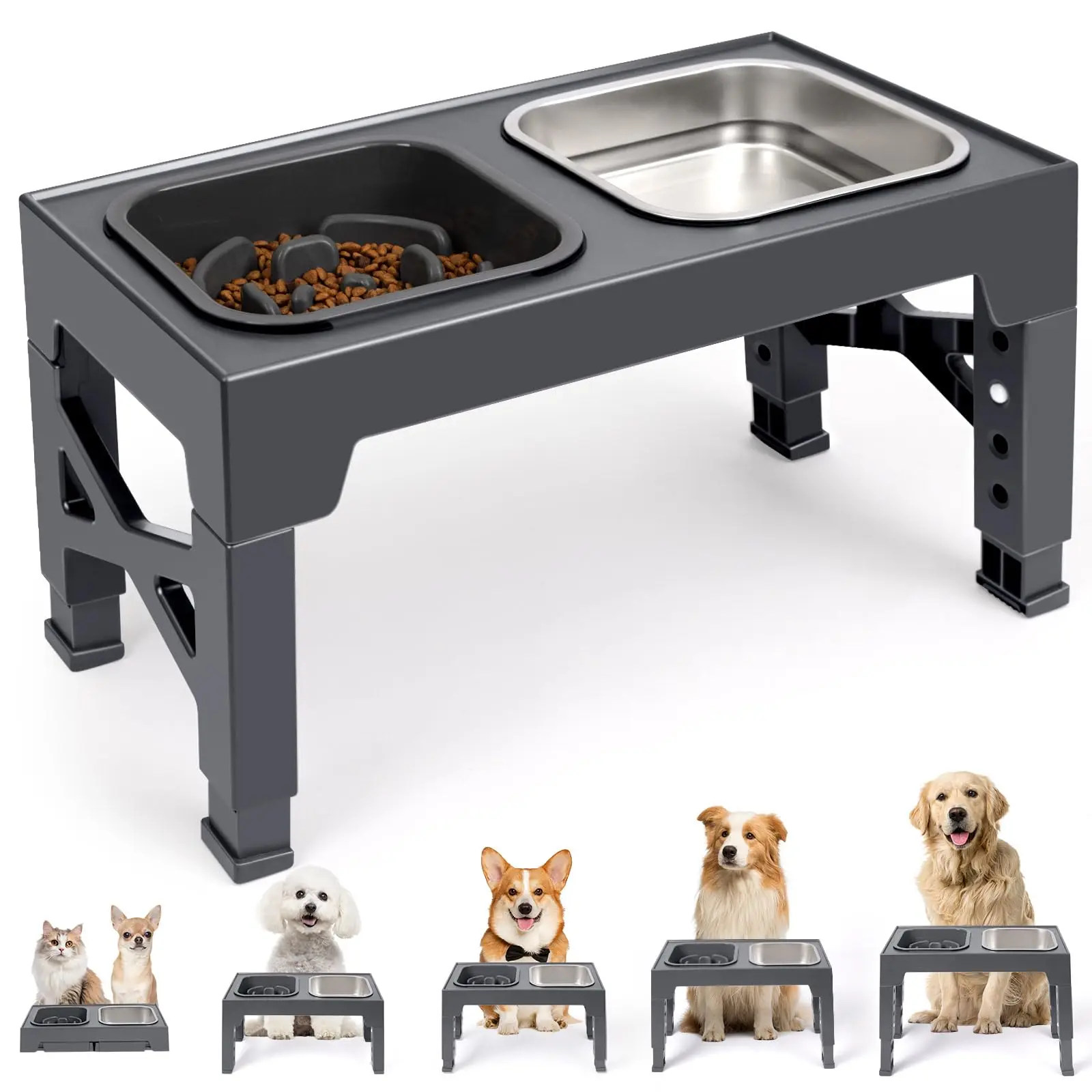 2-in-1 Elevated Slow Feeder Dog Bowls, Non-Slip Stainless Steel/Plastic/ Pet Food & Water Bowls with Foldable Stand - Image 7