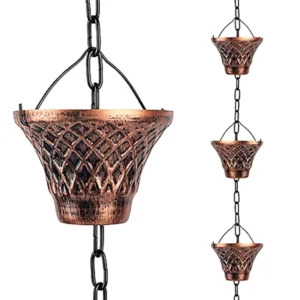 12-Cup Metal Copper Plaid Rain Chains - Outdoor Gutter Downspout Diverter & Rainwater Extension