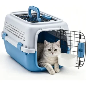 23 Ventilated Hard-Sided Pet Carrier, Plastic Travel Crate with Food Bowl, for Dogs and Cats up to 22 lbs, Blue