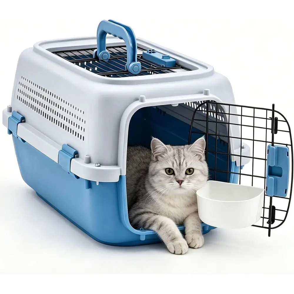 23 Ventilated Hard-Sided Pet Carrier, Plastic Travel Crate with Food Bowl, for Dogs and Cats up to 22 lbs, Blue