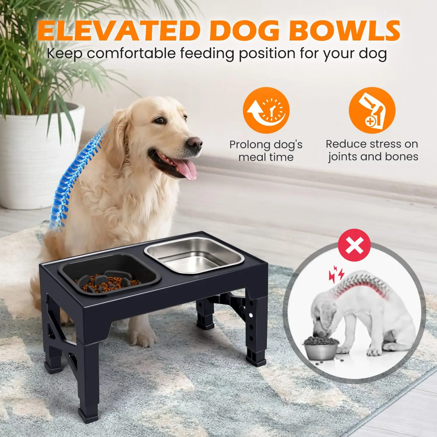 2-in-1 Elevated Slow Feeder Dog Bowls, Non-Slip Stainless Steel/Plastic/ Pet Food & Water Bowls with Foldable Stand - Image 6