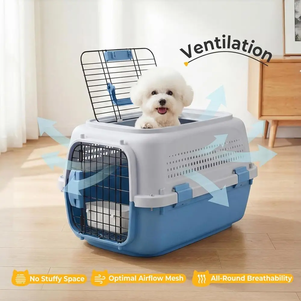 23 Ventilated Hard-Sided Pet Carrier, Plastic Travel Crate with Food Bowl, for Dogs and Cats up to 22 lbs, Blue - Image 2