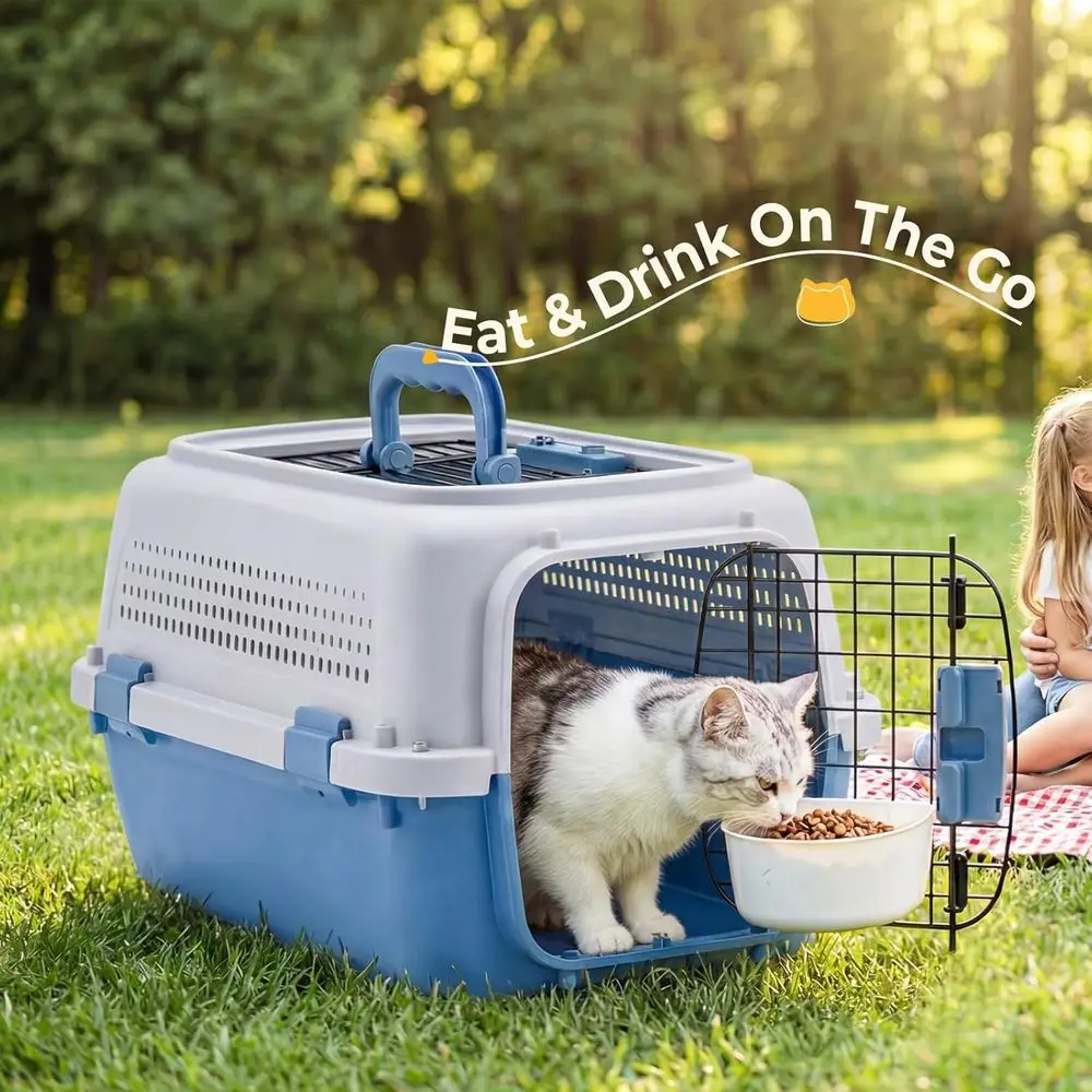 23 Ventilated Hard-Sided Pet Carrier, Plastic Travel Crate with Food Bowl, for Dogs and Cats up to 22 lbs, Blue - Image 6
