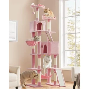 Super Tall Cat Tree 82.5in with Pink Top Perches Scratching Posts 2-in-1 Ramps Cozy Basket Extra Large Indoor Condo for Kittens