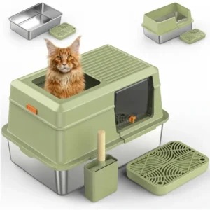 Green Stainless Steel Enclosed Cat Litter Box with Lid, Metal Litter Box Includes Litter Scoop, Covered Extra Kitty Litter Boxes